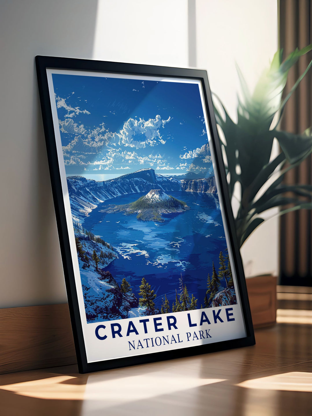 Beautiful Crater Lake artwork ideal for nature enthusiasts and collectors. These National Park Posters capture the breathtaking scenery of Crater Lake and its majestic caldera adding a touch of natural wonder to any space.