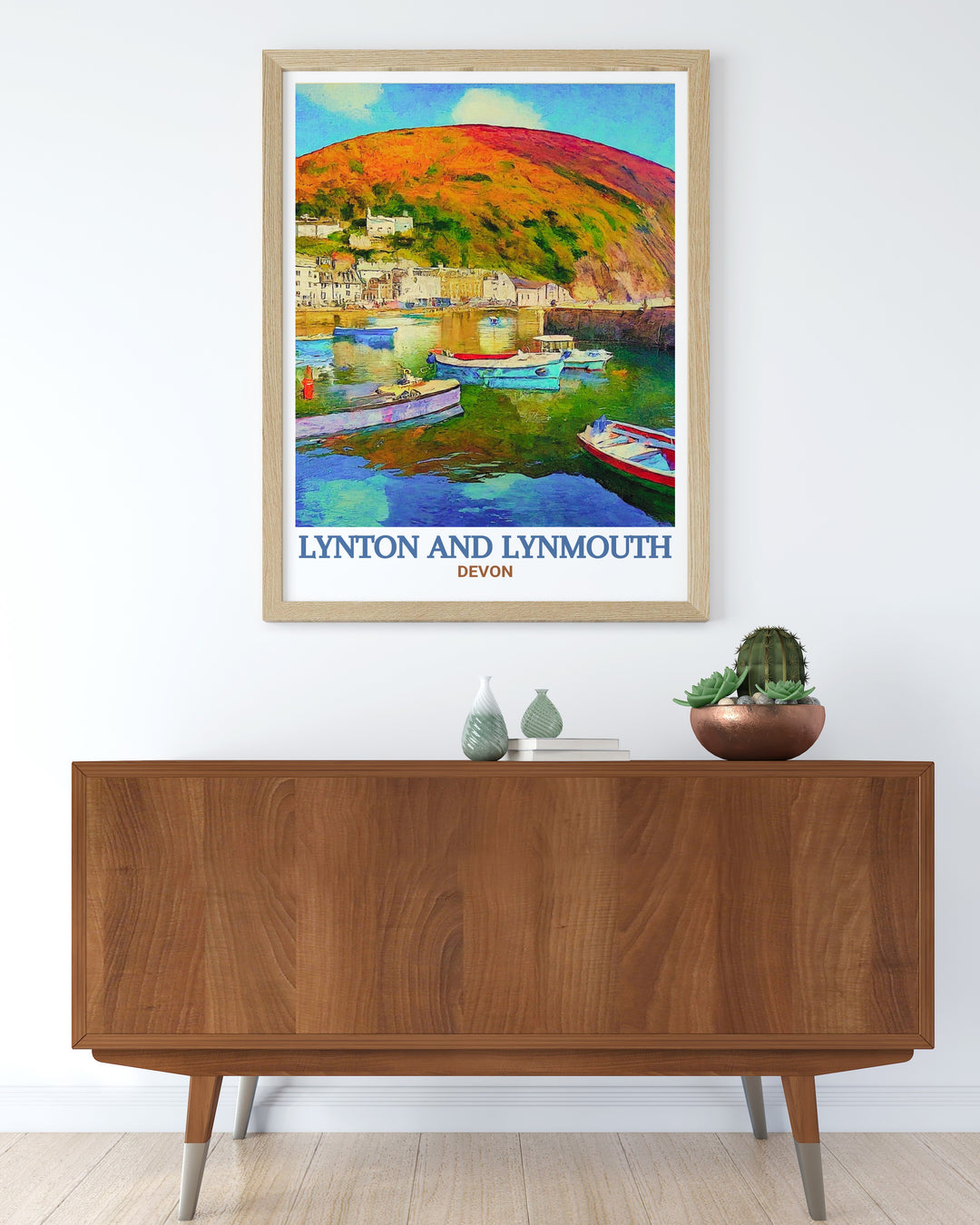 Lynmouth Harbour art print capturing the serene coastal beauty and picturesque boats of Lynton And Lynmouth. This vibrant illustration brings the charming ambiance of Lynmouth Harbour into your home decor, perfect for coastal enthusiasts and art lovers.