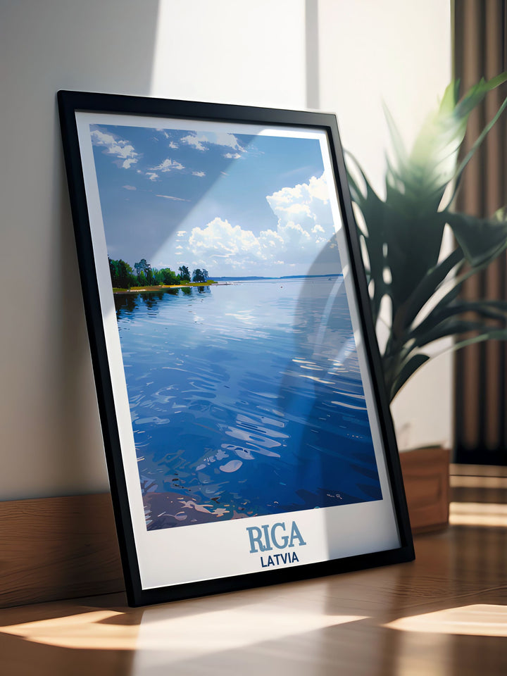 Latvia travel print showcasing the natural wonder of Lake Ķīšezers, as seen from Riga. This wall art offers a relaxing and scenic view, ideal for creating a calming atmosphere in any room.