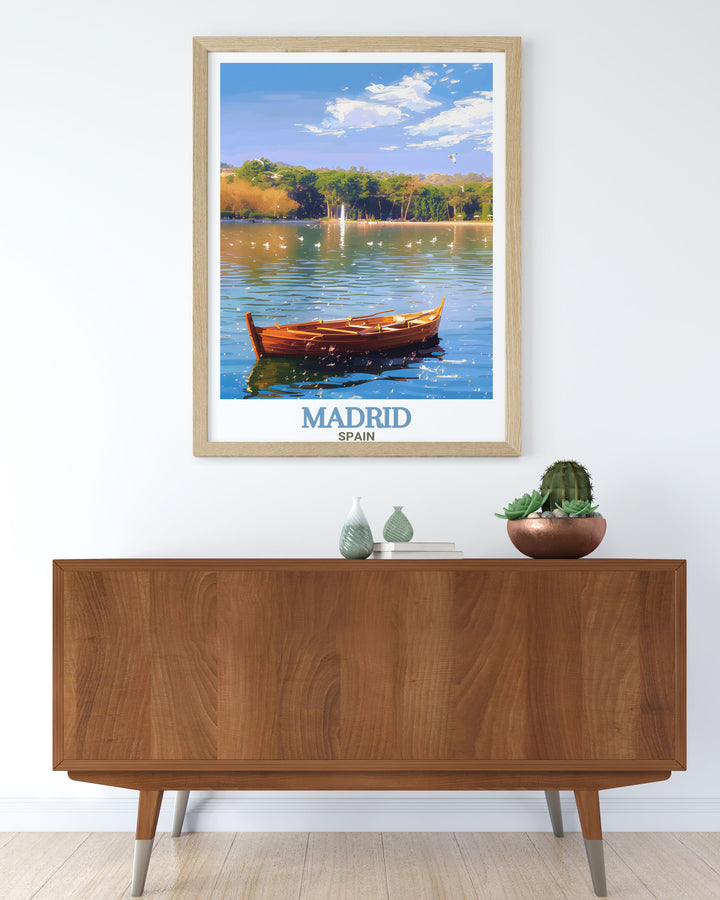 The Lake at Casa de Campo print brings a calm scenic view to your home with its retro travel poster style perfect for Spain lovers. This Madrid print captures Spanish elegance in a minimalistic design that complements any living room decor.