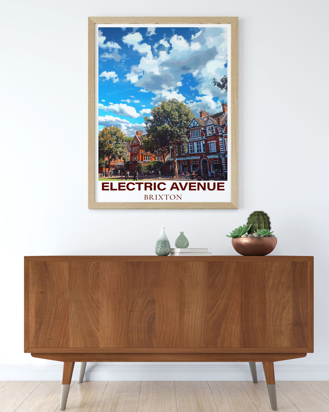This Brixton travel poster features the bustling Electric Avenue and historic Windrush Square, making it an ideal piece for those who love exploring Londons vibrant and culturally rich neighborhoods.