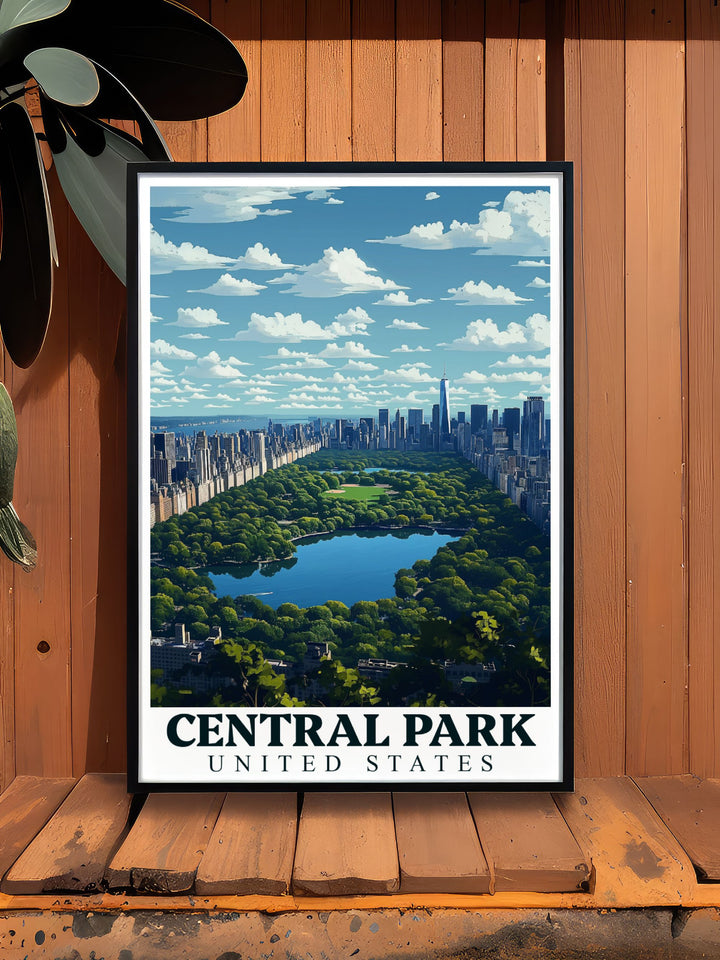 Showcasing the picturesque Central Park Lake from above, this travel poster adds a unique touch of natural and urban elegance to your living space.