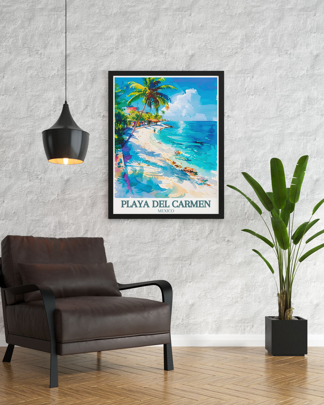 Vibrant Playa Carmen artwork showcasing the stunning Caribbean Sea. This Mexico decor piece adds a touch of paradise to any room and is an excellent choice for those seeking unique travel gifts and wall art.
