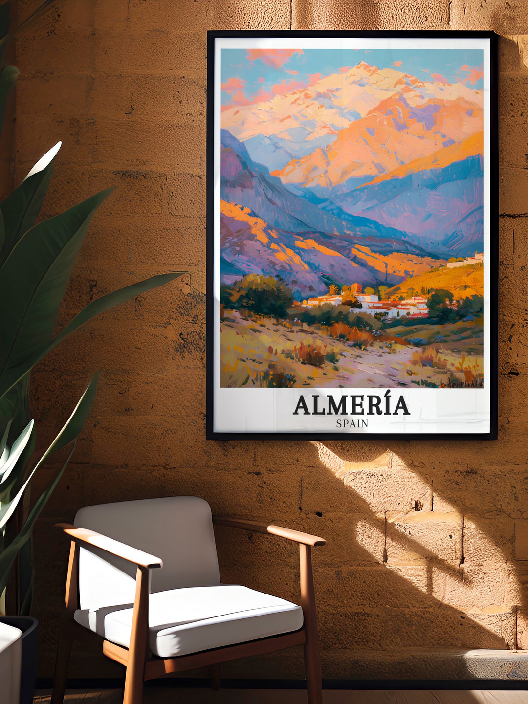 Almería travel poster featuring the dramatic Tabernas Desert and the towering Sierra Nevada Mountains. This detailed artwork offers a glimpse into the stunning geography of Spain, perfect for those who love exploring new landscapes.