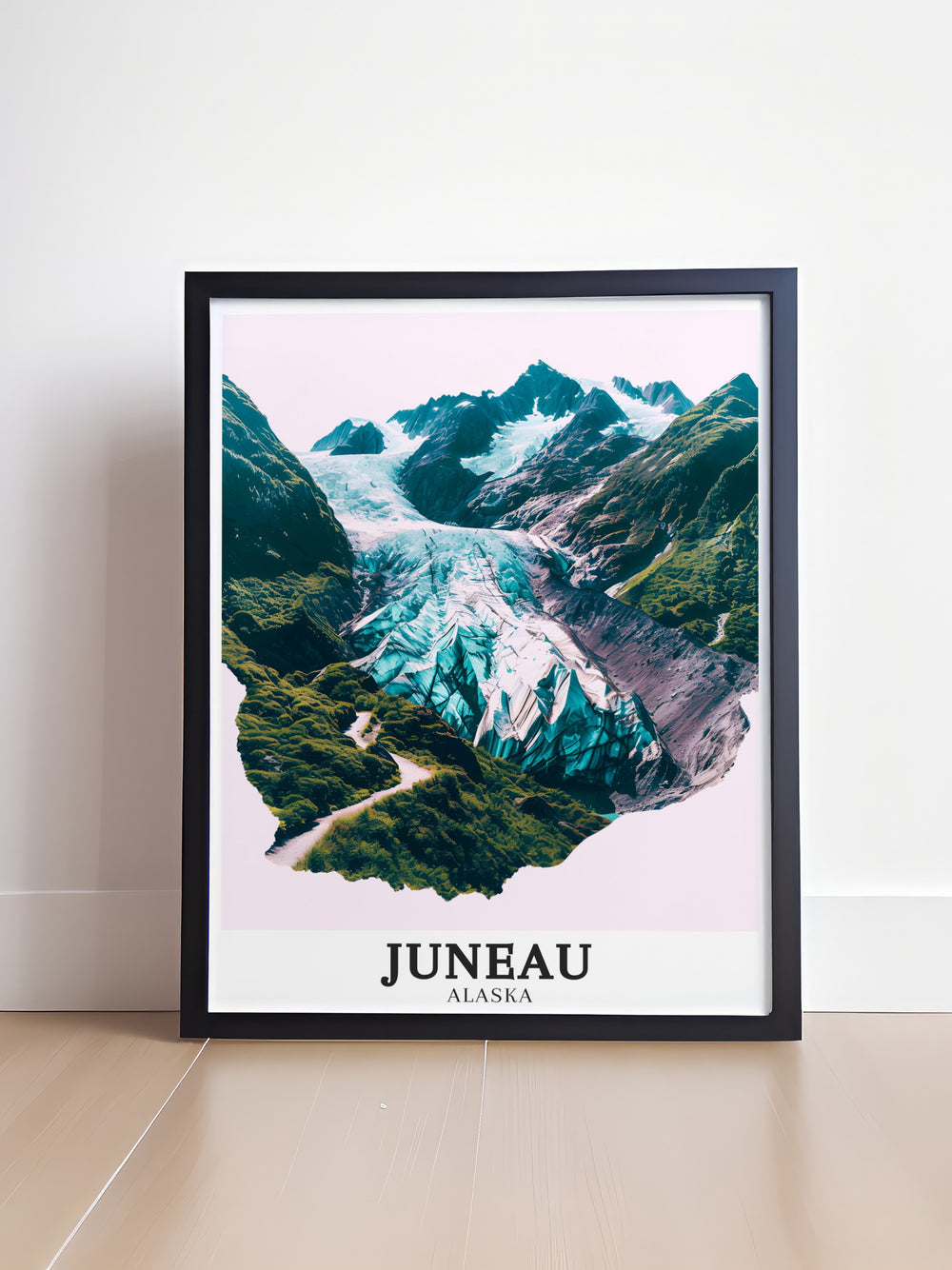 Alaska wall print capturing the stunning landscape of the Mendenhall Glacier and Valley. With its serene beauty and rugged charm, this piece is perfect for travelers, nature lovers, and anyone who appreciates the wild beauty of Alaska.