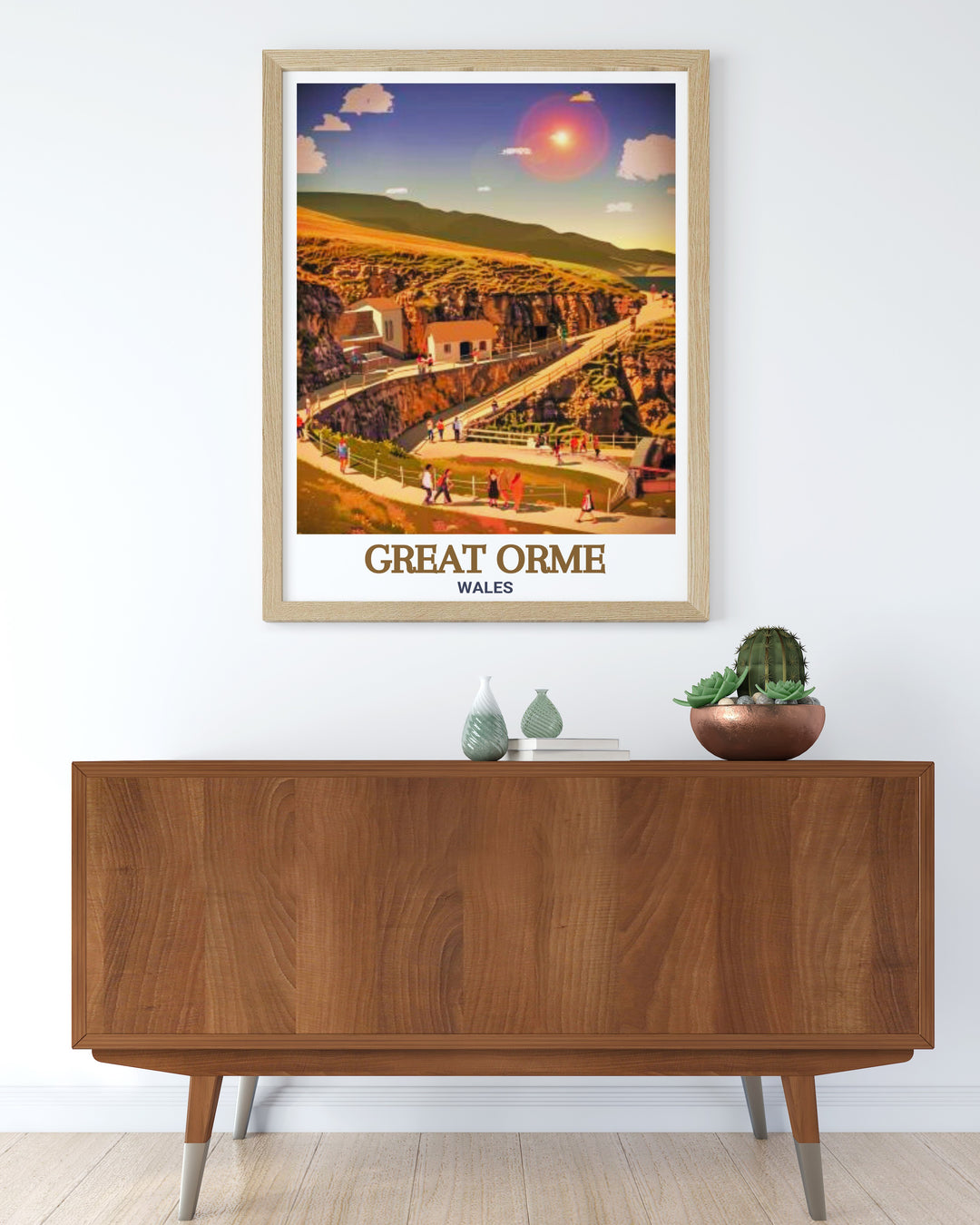 This vibrant Conwy travel print captures the natural and historical wonders of the Great Orme. Featuring the copper mines and rugged landscape, this poster is perfect for any travel enthusiast or lover of Welsh history.