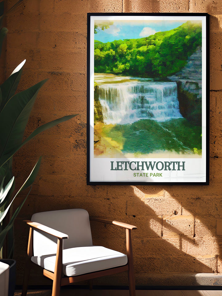 Elegant print of Lower Falls, capturing the natural splendor and powerful ambiance of one of Letchworth State Parks most breathtaking locations. The detailed illustration and vibrant colors make this print a beautiful addition to any home decor.