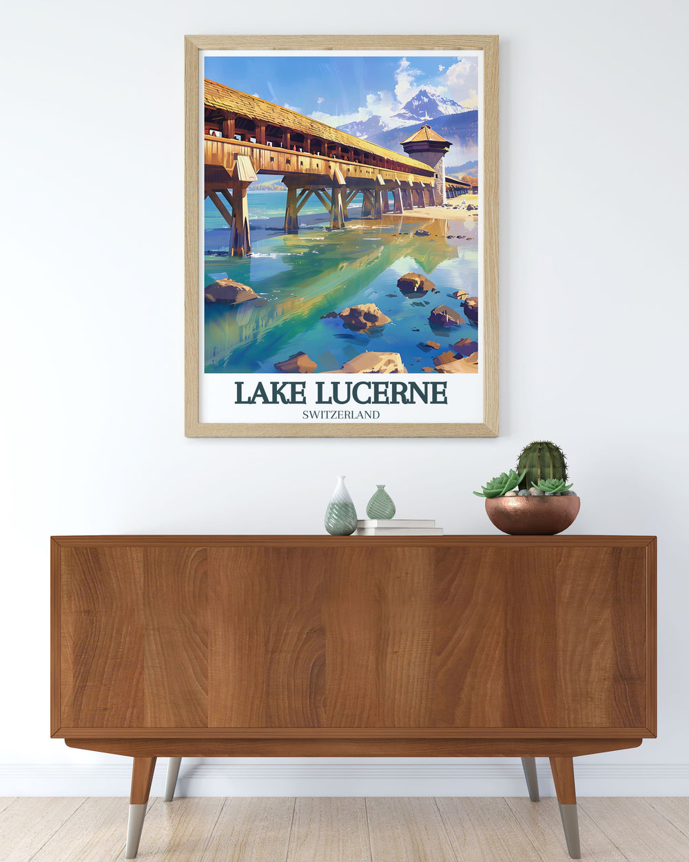 Stunning Switzerland print showcasing Lake Lucerne Chapel Bridge and Mount Pilatus offers a perfect blend of natural beauty and history. This Switzerland wall art is an ideal gift for travelers and art lovers who appreciate Switzerlands breathtaking scenery.