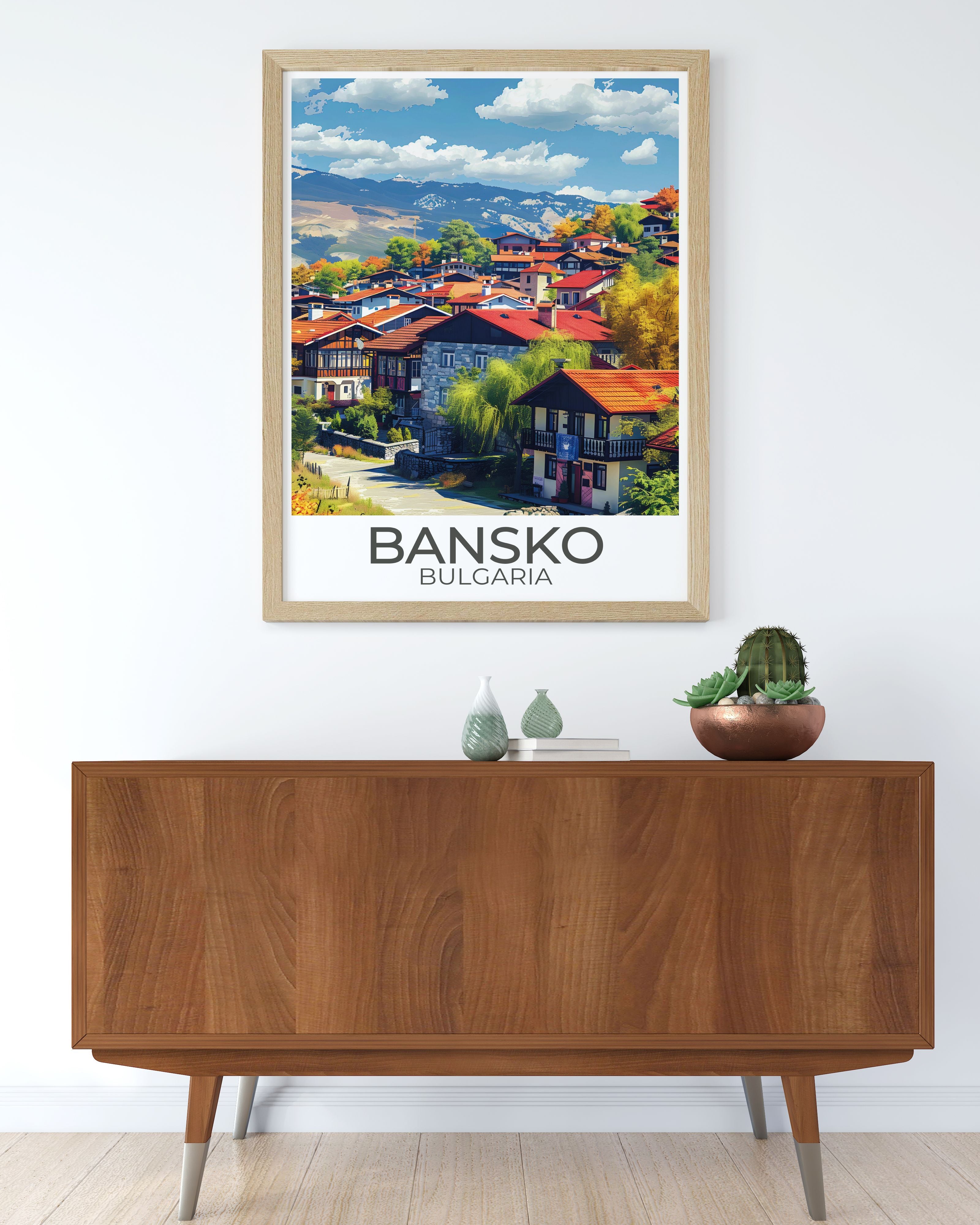Framed Bulgaria landscape print mounted on interior wall