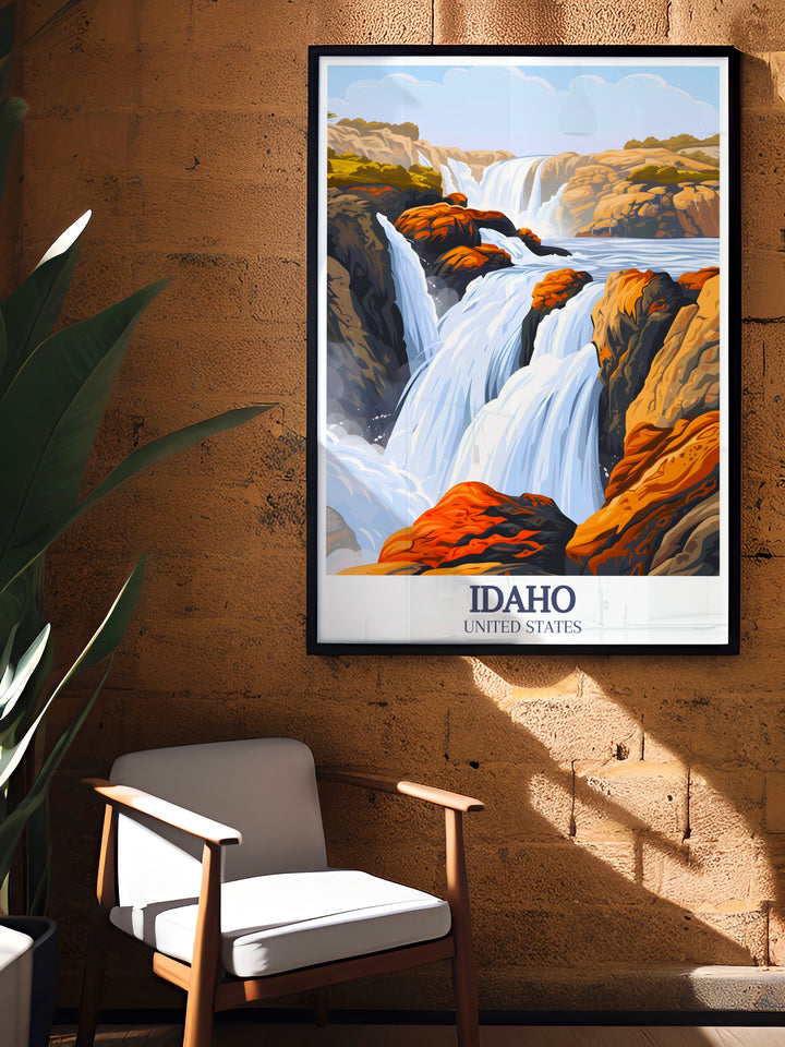 Experience the wonder of Shoshone Falls with this stunning Idaho travel poster. The detailed artwork highlights the "Niagara of the West" and its surrounding landscape, making it a perfect addition to any home decor for lovers of nature and scenic vistas.