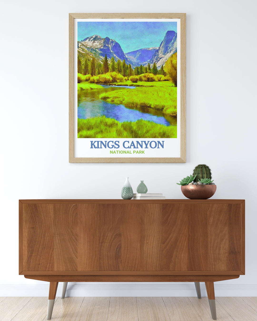 Kings Canyon wall poster highlighting the stunning scenery of Zumwalt Meadow. This art print is perfect for adventurers and nature enthusiasts, offering a lasting reminder of the parks peaceful and picturesque landscape.