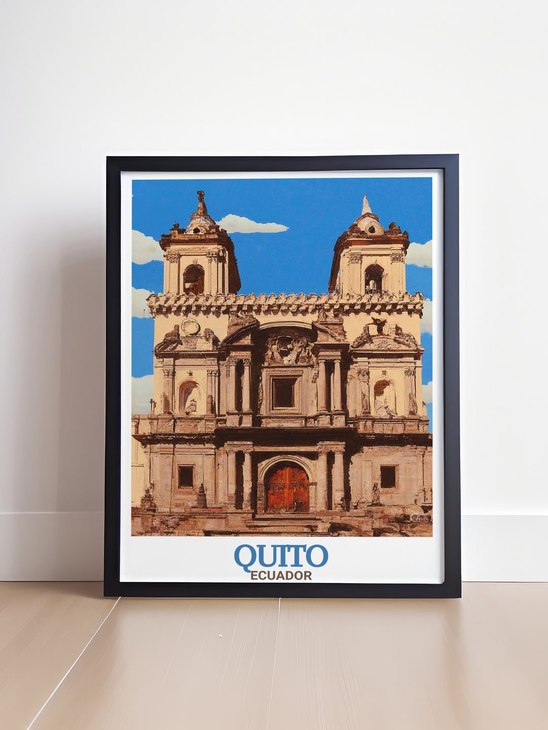 Ecuador Travel Poster depicting La Compañía de Jesús Church, known for its breathtaking gold interior and masterful design. This canvas art brings the elegance of Quitos landmarks to life, ideal for decorating any room with cultural flair.