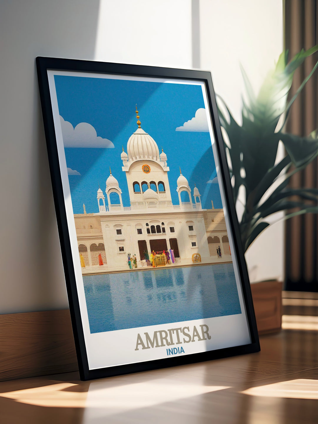 This Amritsar cityscape travel print offers a breathtaking view of the citys skyline, including the Durgiana Temple, a jewel of Indian architecture. This wall art is perfect for adding a cultural statement to any room, creating a serene and thoughtful atmosphere.