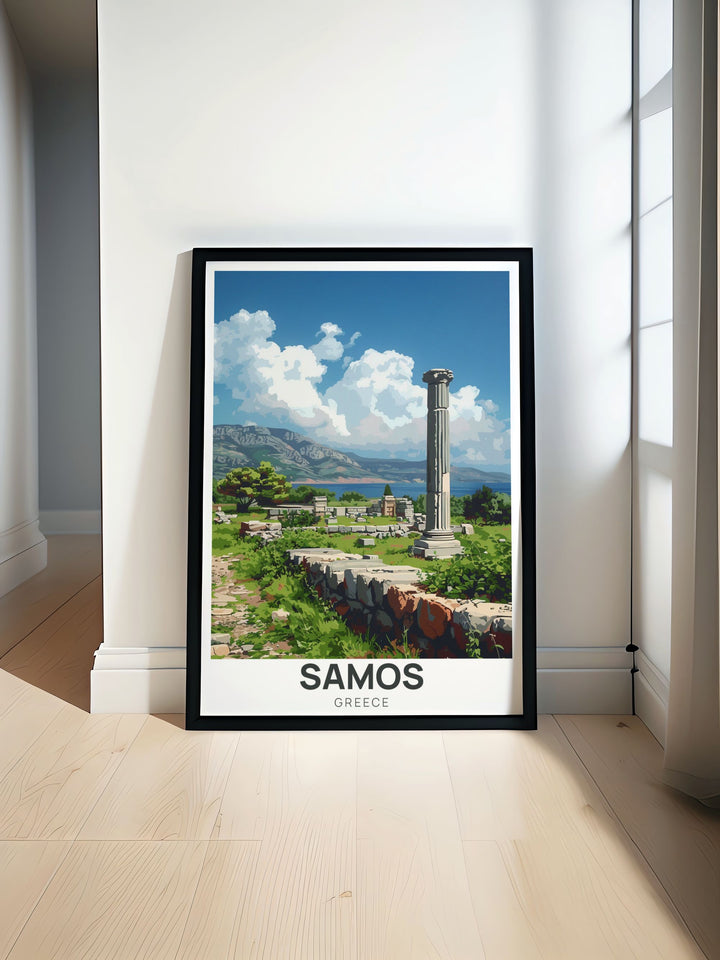 Bring the essence of Samos, Greece, into your home with this vibrant travel poster. Showcasing the ancient ruins of the Heraion, this print is perfect for anyone who admires Greek culture, history, or Mediterranean landscapes.