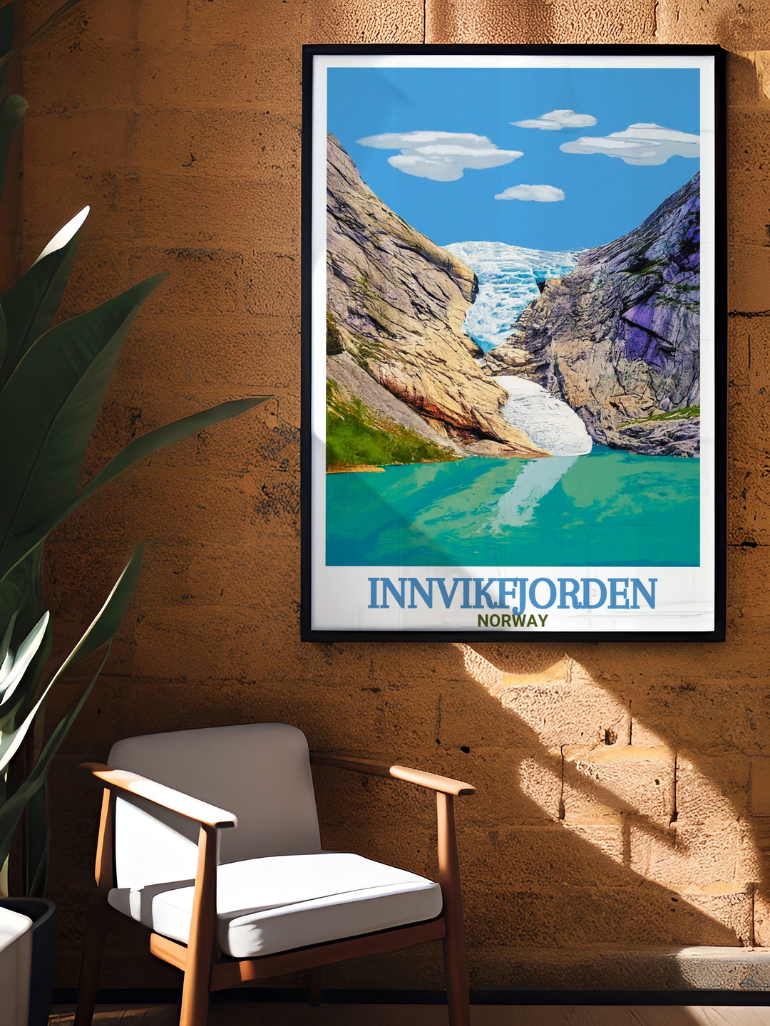 Vintage print of Briksdalsbreen Glacier showcasing the picturesque Norway landscape and peaceful fjord waters ideal for home decor or gifts