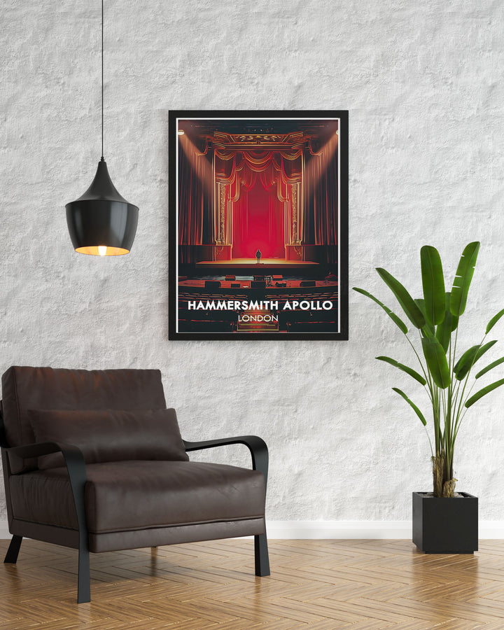 Capturing the historic allure and vibrant charm of Hammersmith Apollo, this travel poster showcases the timeless design and cultural significance of the venue.
