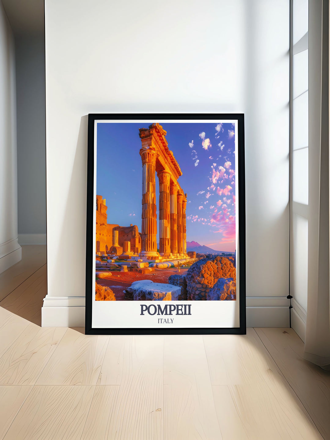 Pompeii print featuring Temple of Apollo Doric Columns and Mount Vesuvius perfect for any art and collectibles enthusiast ideal Italy travel gift and stunning living room decor.