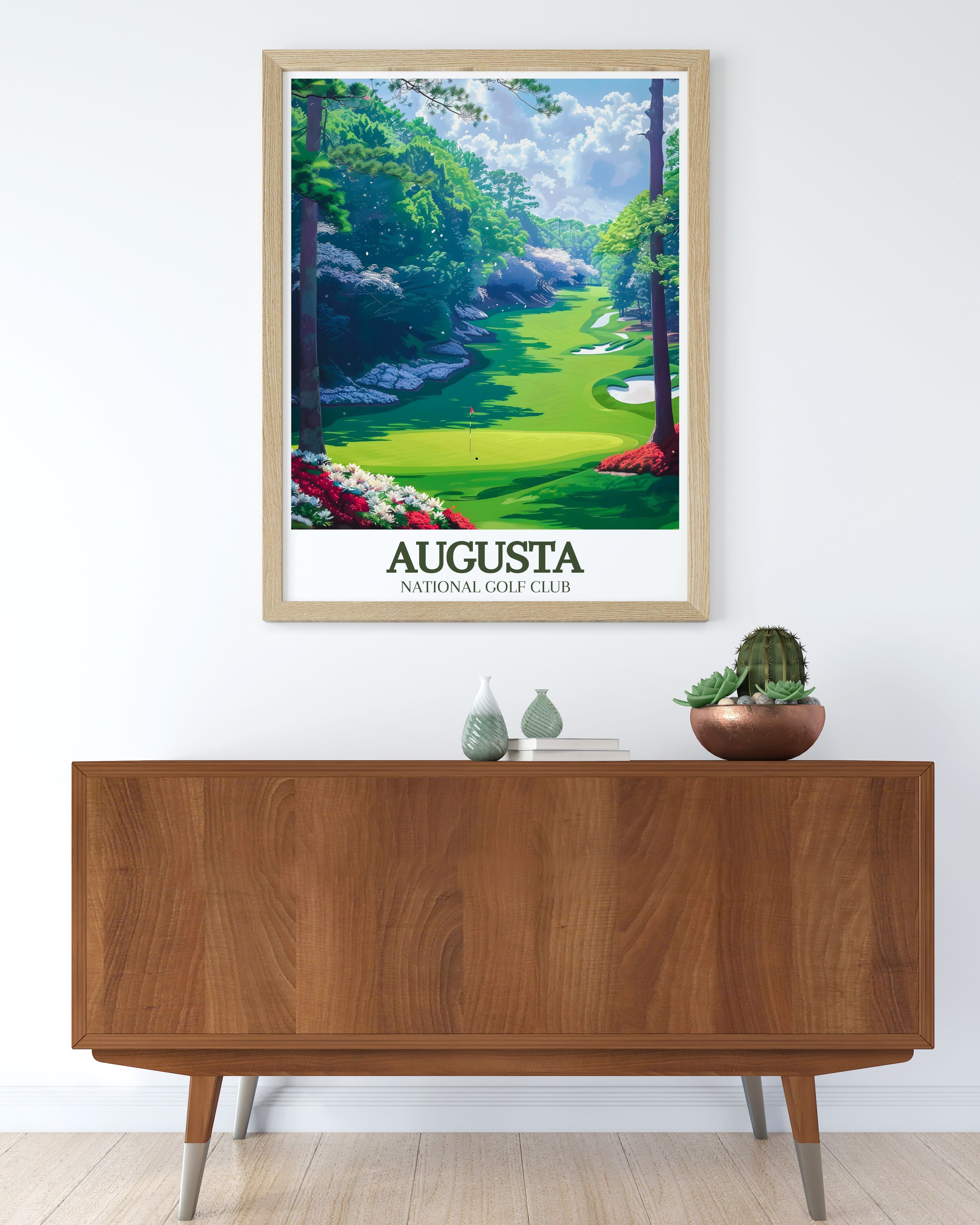 Framed Augusta National golf art prints displayed in a modern home interior from MapYourDreams — showing augusta national poster wall art in natural wood and black frame options, perfect framed golf art for home offices, man caves and as unique golf gifts for men