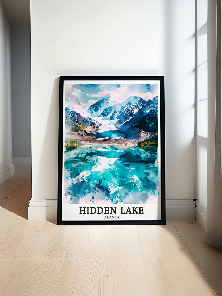 Hidden Lake wall art showcasing the still waters and majestic mountain backdrop of one of Alaskas most peaceful locations. This framed art piece brings the beauty and serenity of Hidden Lake into your living space, ideal for creating a calming and relaxing environment.