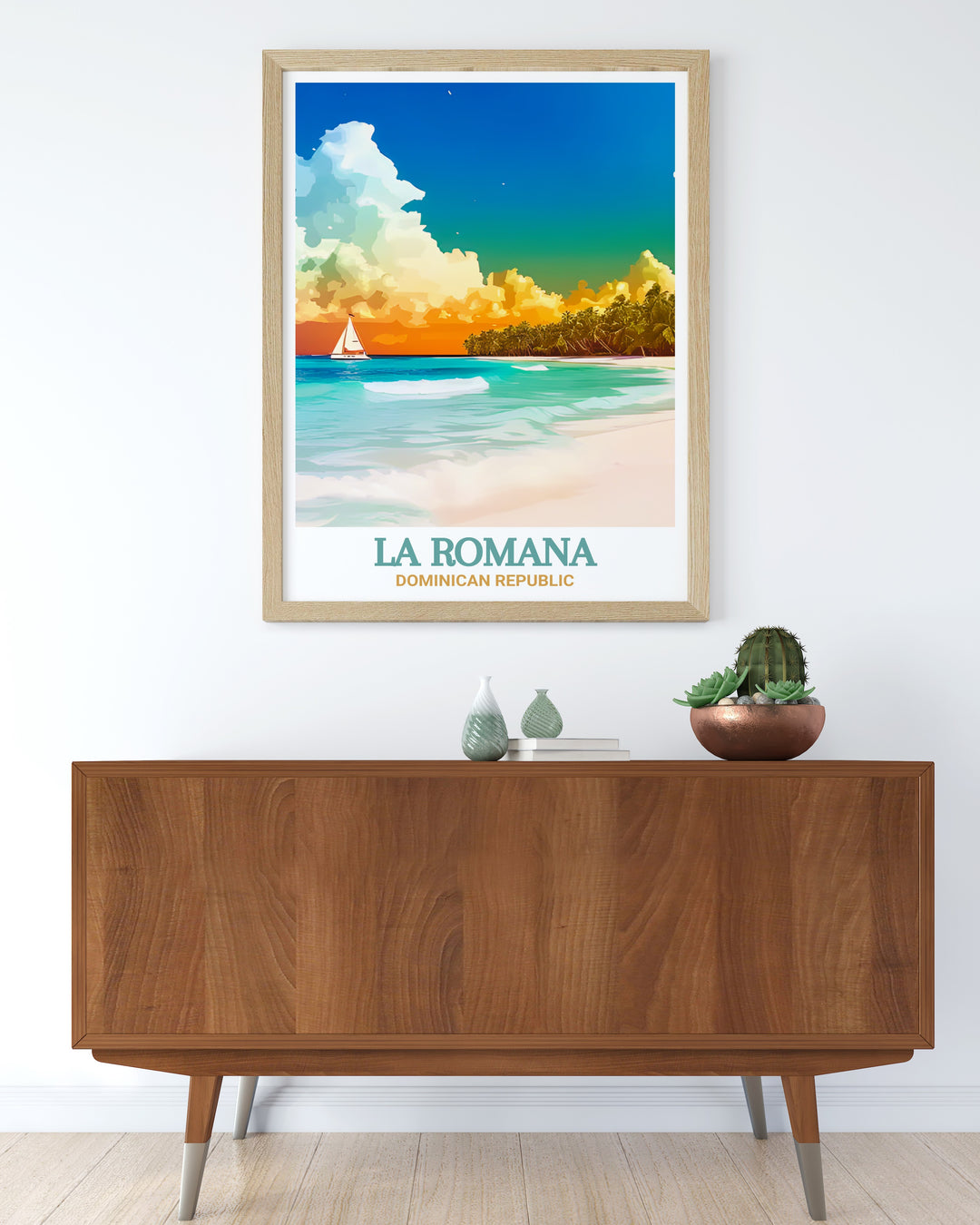 Vivid colors and fine details make this Bayahibe Beach poster a stunning tribute to La Romanas coastal charm. Ideal for those who appreciate the natural beauty of the Caribbean and wish to bring it into their home.