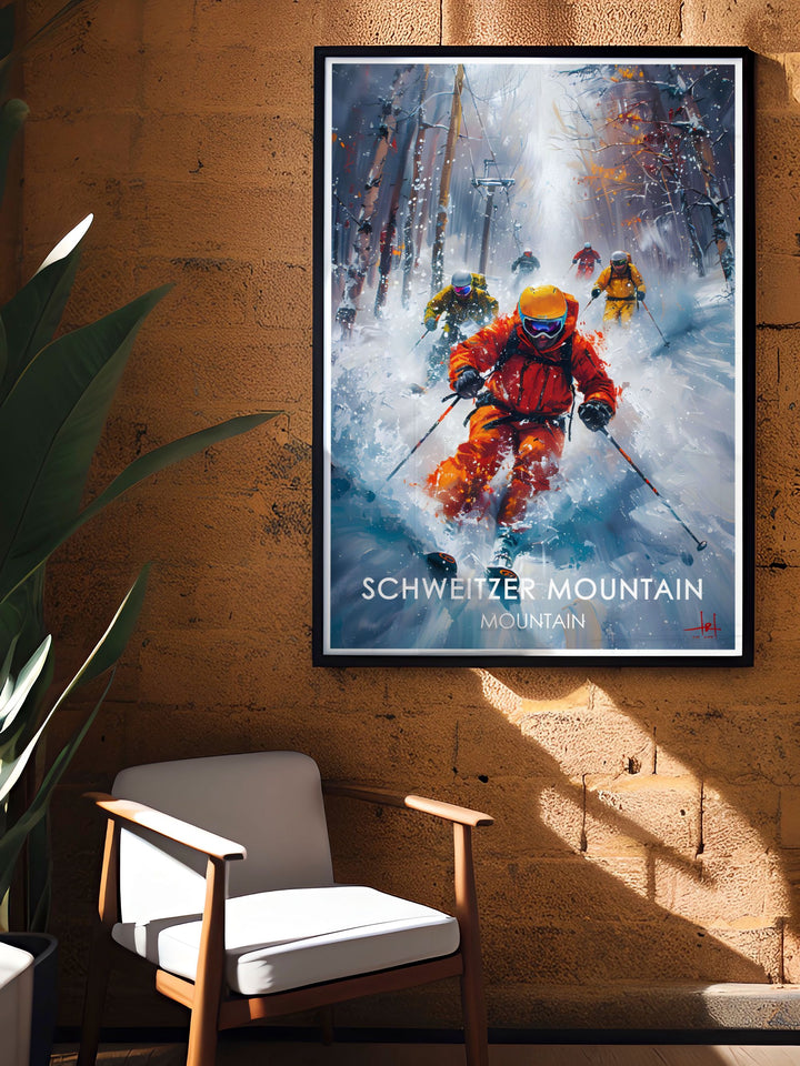 The Outback Bowl at Schweitzer Mountain is renowned for its pristine powder and thrilling off piste runs. This travel poster captures the untouched beauty of the terrain, offering an inspiring piece of art for your home, perfect for those with a love of skiing or adventure.