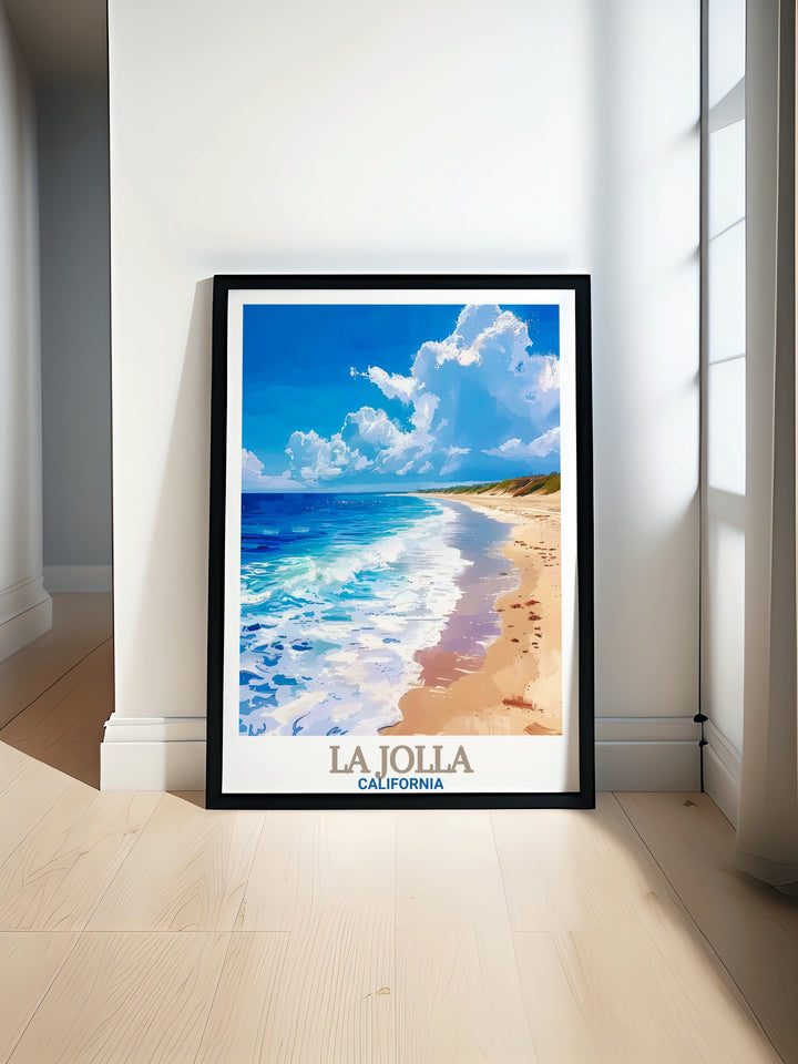 La Jolla Cove and La Jolla Shores Beach Travel Print captures the stunning natural beauty of one of Californias most beloved beach destinations. This coastal artwork is perfect for adding a touch of ocean inspired decor to any room or as a thoughtful gift for travelers.