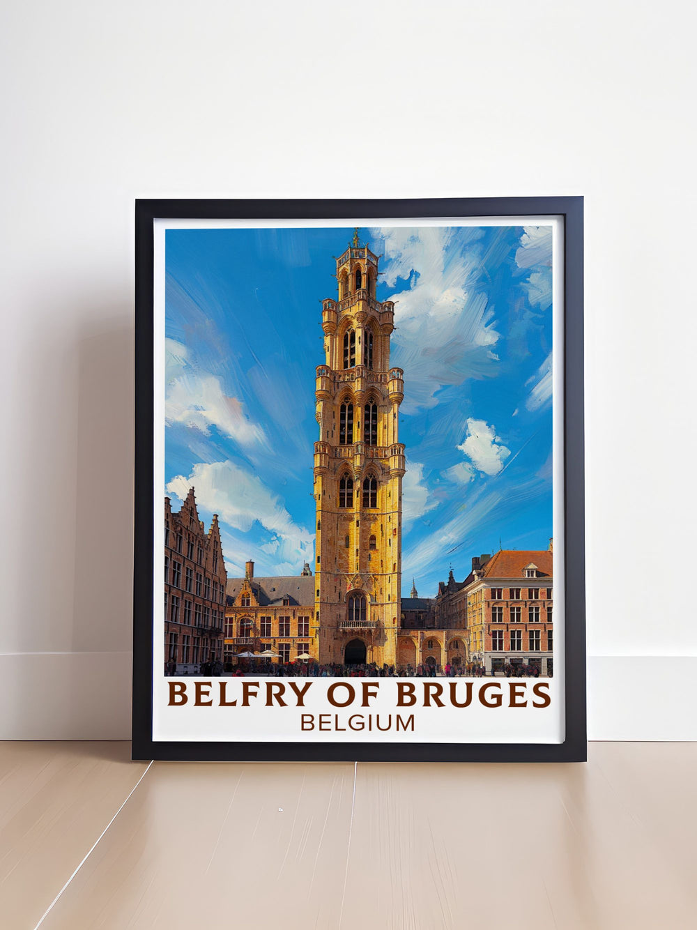 Exquisite Bruges wall art showcasing the majestic Belfry of Bruges. This vintage print highlights the towers architectural beauty and historic significance, making it an ideal piece for art lovers and travel enthusiasts.