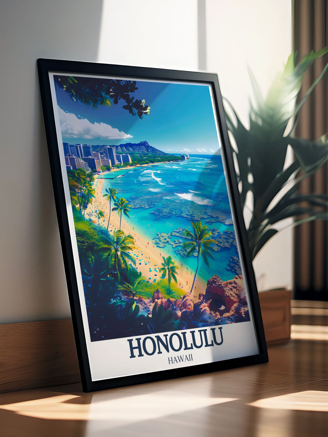 This fine art print of Honolulu showcases the stunning Waikiki Beach, featuring crystal clear waters, white sands, and the vibrant atmosphere of one of the worlds most famous beaches, making it perfect for tropical and beach themed decor.