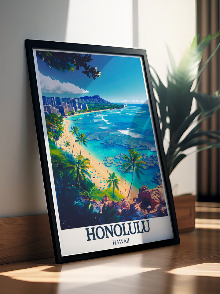 Honolulu skyline featuring vibrant city life and iconic architecture captured in a stunning poster print. This artwork beautifully showcases the natural beauty of the area while highlighting its cultural significance, perfect for anyone who cherishes Hawaii.