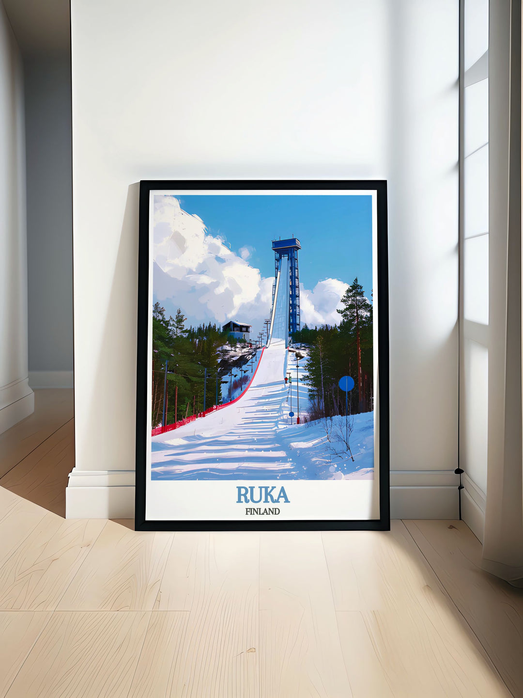 Ruka Ski Jump Modern Prints featuring the breathtaking landscapes of Finland perfect for any living room decor ideal for skiing enthusiasts seeking elegant Scandinavian wall art with vibrant colors and intricate details