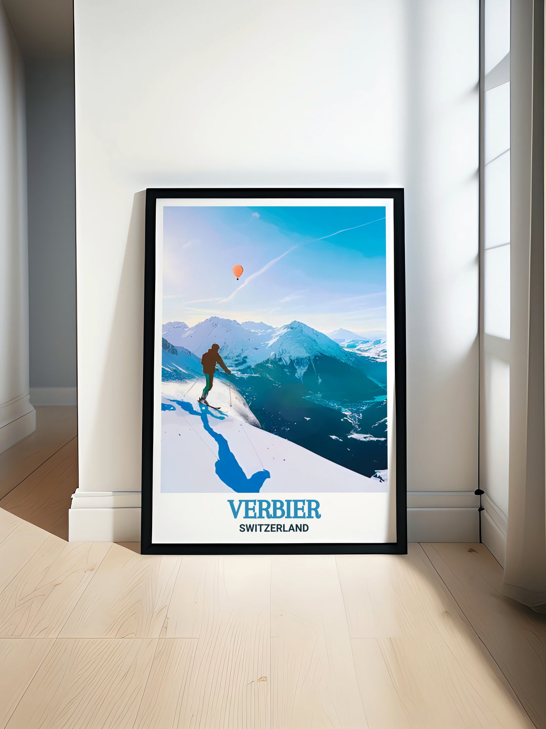 A beautifully designed Swiss Alps print, capturing the essence of Verbier Ski Resort. This travel poster is ideal for anyone who loves the adventure and serenity of the mountains, perfect for home or office.