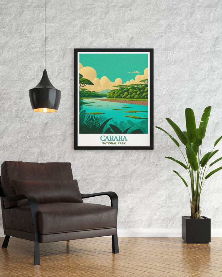 Costa Rica Travel Poster showcases Carara National Parks magnificent rainforest and Tarcoles River. This stunning print brings the wild beauty of Costa Rica into your home, ideal for nature enthusiasts and travelers.