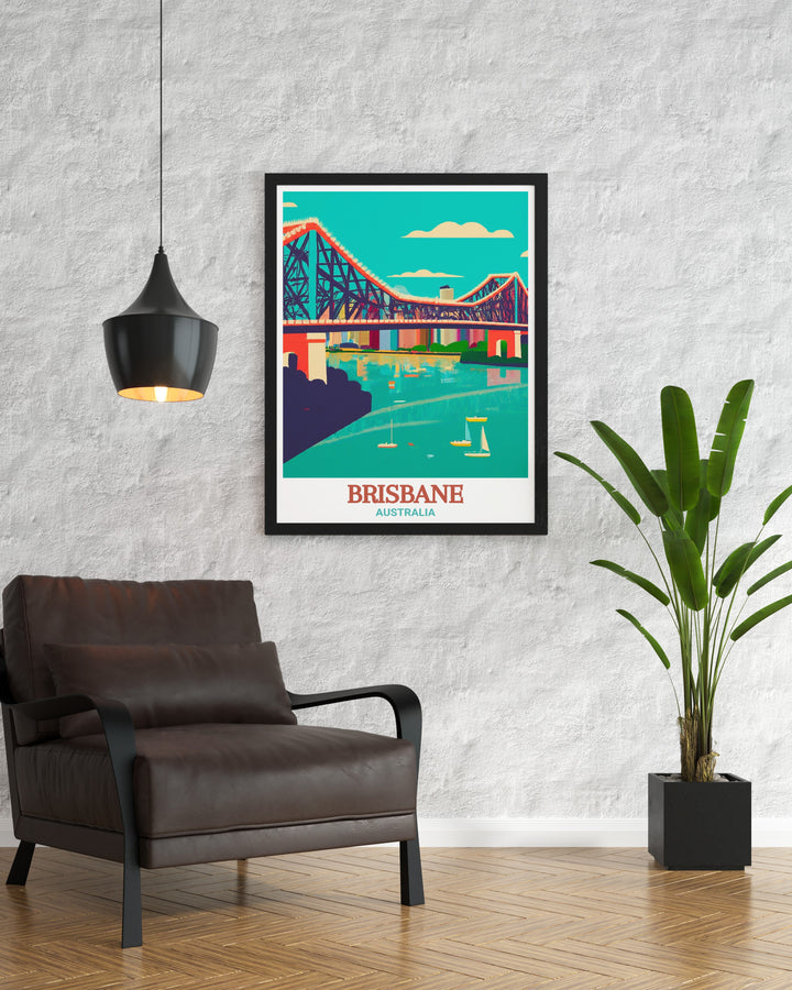 Story Bridge Brisbane Wall Art is a beautiful representation of one of Australias most beloved bridges. This print is ideal for art collectors and Brisbane enthusiasts looking to bring the citys vibrant spirit into their decor