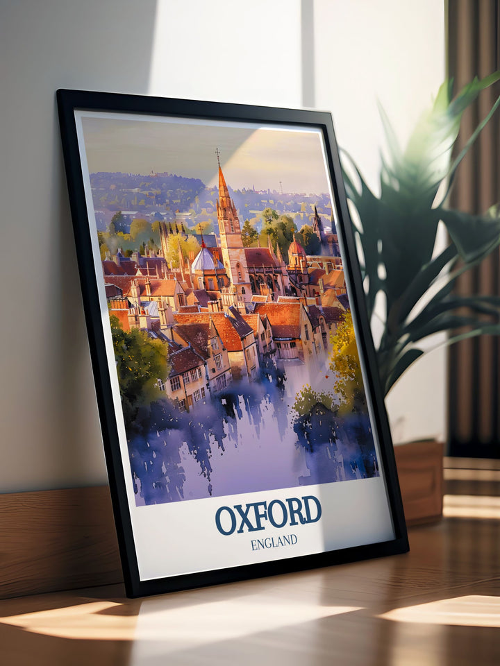 Elegant Oxford skyline illustration with detailed depictions of All Saints Church and Lincoln College a great addition to any UK wall decor collection