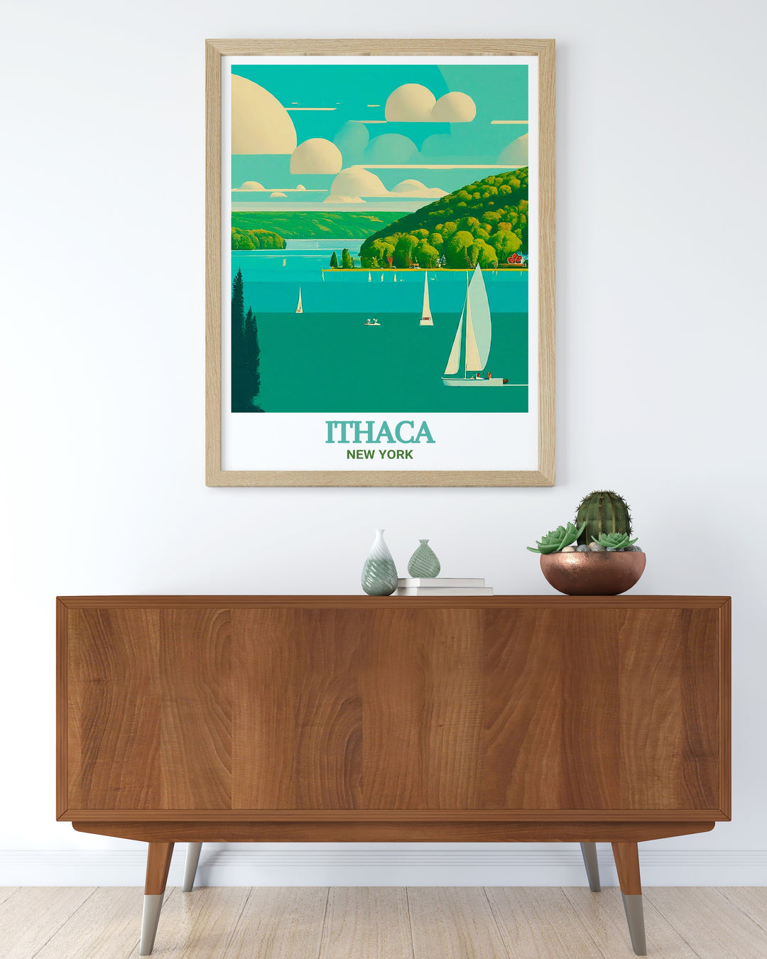 Ithaca wall art featuring the captivating scenery of Cayuga Lake. The detailed depiction of the lakes peaceful ambiance and vibrant colors make this print a beautiful addition to any home decor, celebrating the natural charm of Ithaca.