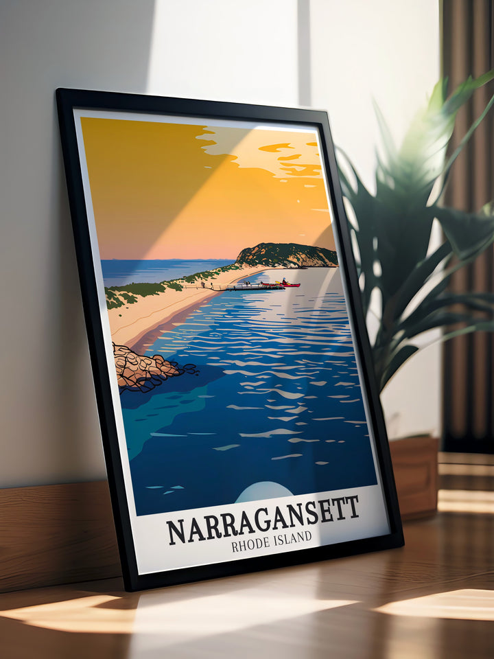 Elegant home decor inspired by Breachway Inlet Narragansett Beach includes vibrant paintings and detailed photos perfect for creating a serene and inviting atmosphere in any room of your home