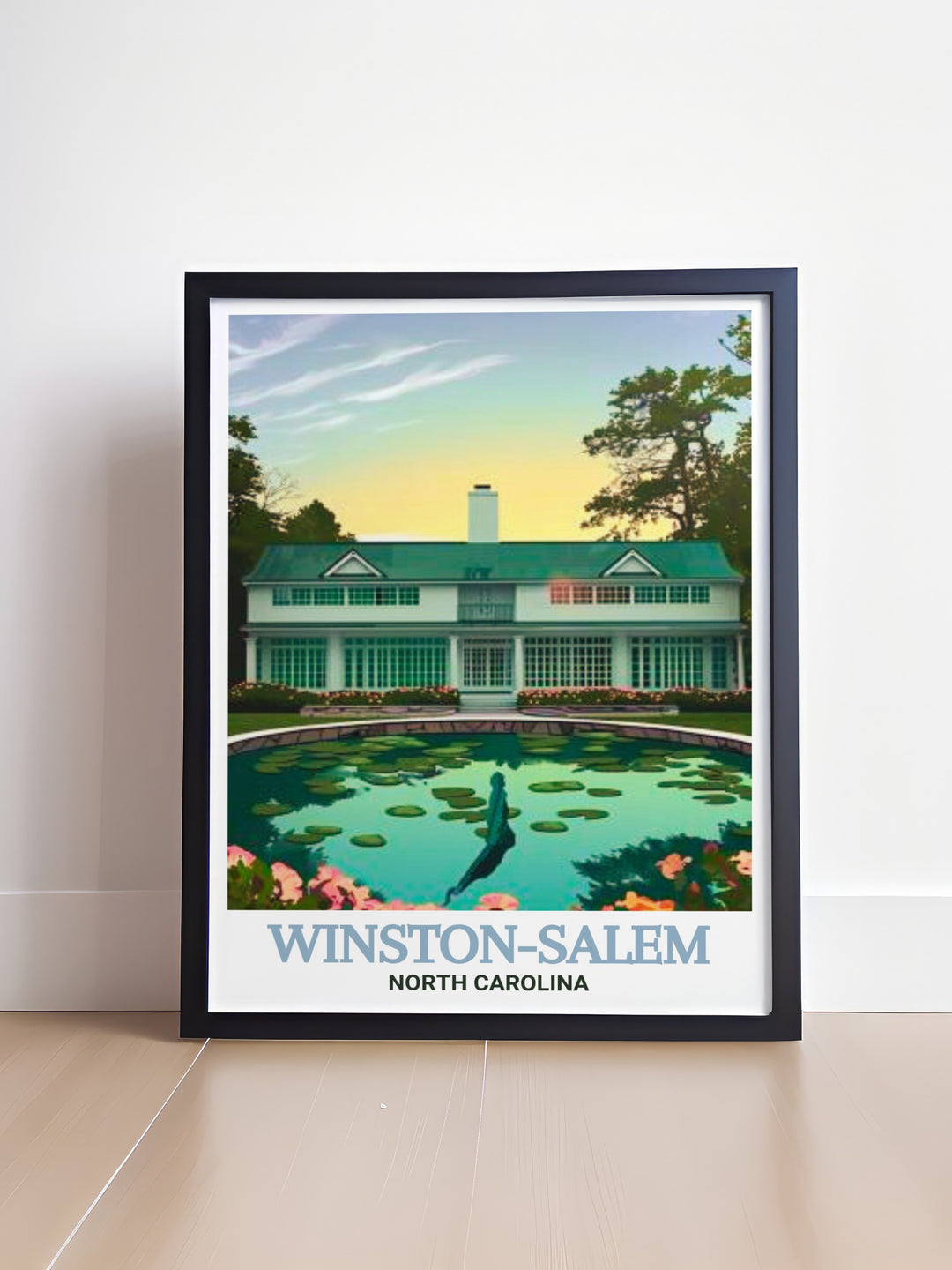 Reynolda House Museum of American Art travel poster highlighting the scenic views and cultural significance of Winston Salem. This print is ideal for art lovers, bringing a touch of the citys rich artistic heritage into your home.