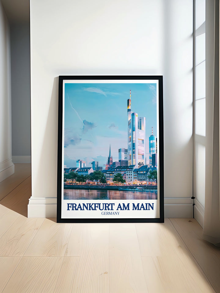 Beautiful Frankfurt am Main print featuring the Commerzbank Tower St. Pauls Church and River Main perfect for adding a touch of modern elegance to your home decor with stunning Germany art