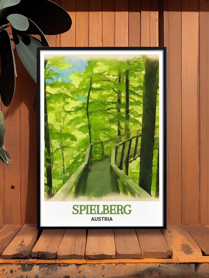 Custom print of the Rachau Tree Top Walk in Spielberg, Austria, emphasizing the walkways architectural elegance and the surrounding forest. A standout piece for anyone interested in Austrian landmarks and the peaceful beauty of nature.