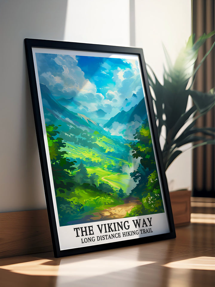 Trolltinden mountain peaks travel print from The Viking Way Long Distance Hiking Trail. A beautifully crafted piece celebrating the rich landscapes and natural wonders of this iconic location. Ideal for enhancing your home decor with a touch of elegance and nature inspired art.