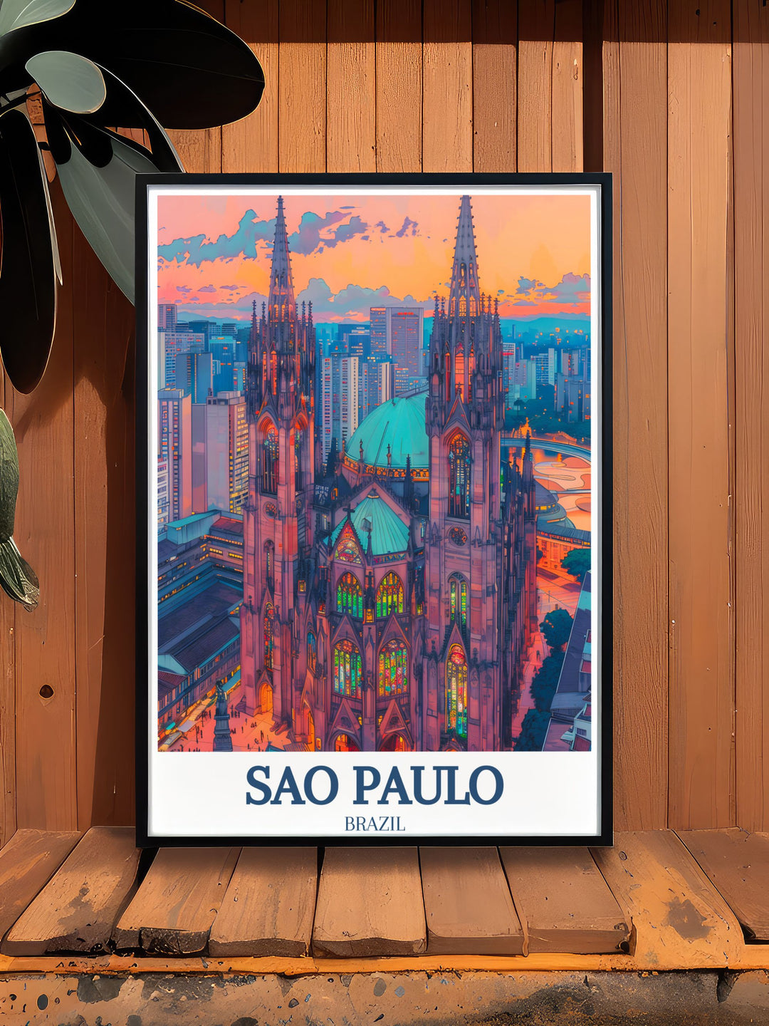 A beautifully detailed poster print of São Paulo featuring the São Paulo Cathedral and the vibrant Praça da Sé square. This art piece captures the architectural grandeur of the Gothic cathedral, framed by the lively energy of the historic square. Ideal for anyone passionate about Brazilian culture and history.