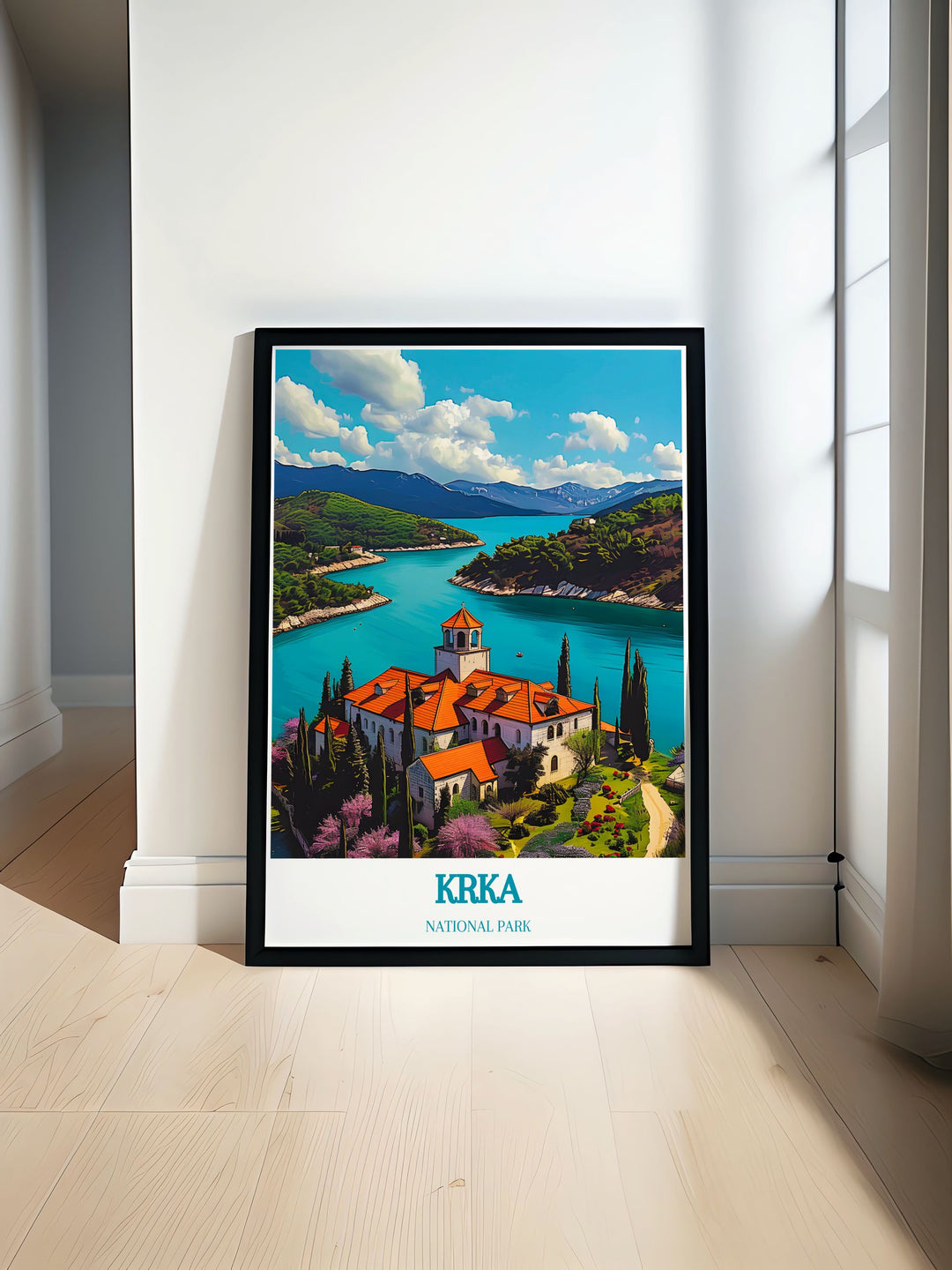 Visovac Island modern print highlighting the serene beauty of Krka National Park with lush green landscapes and tranquil waters ideal for any living space