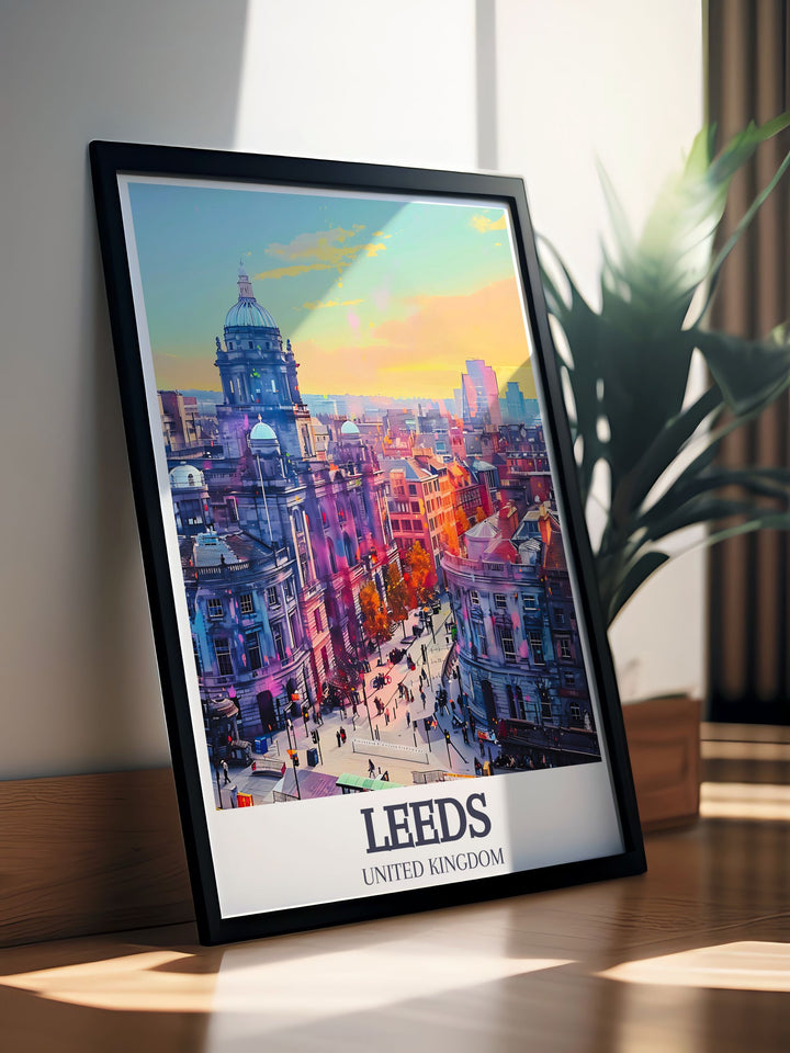 Stunning Leeds Corn Exchange and Briggate High Street wall decor showcasing the iconic architecture and lively atmosphere of Leeds. This England travel poster makes an excellent England art gift for friends and family.