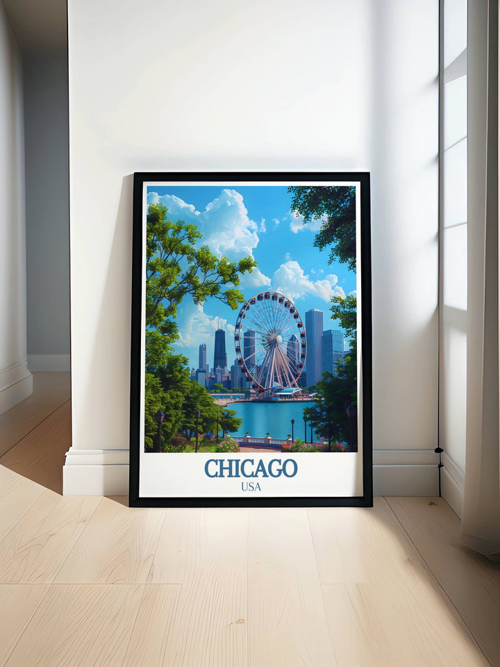 Chicago wall art featuring a stunning Navy Pier print showcasing the vibrant energy and scenic beauty of one of the citys most iconic landmarks. Perfect for home decor or as a thoughtful gift for travel enthusiasts and art lovers.