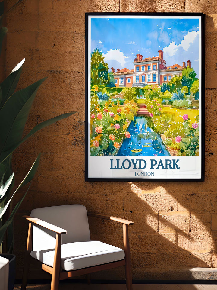 Beautifully detailed London park poster featuring the rose garden of Lloyd Park at William Morris gallery. Perfect for enhancing your living space with nature inspired art. An excellent gift for London lovers and art enthusiasts. Add this exquisite piece to your home decor.