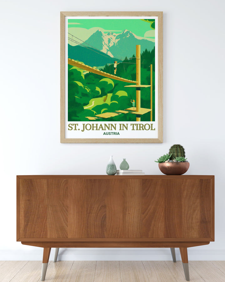 Austrias St. Johann in Tirol comes alive in this vibrant wall print, showcasing the towns scenic beauty and the thrilling experience of Hornpark Climbing Forest. A perfect Austria gift for those who cherish adventure and nature.