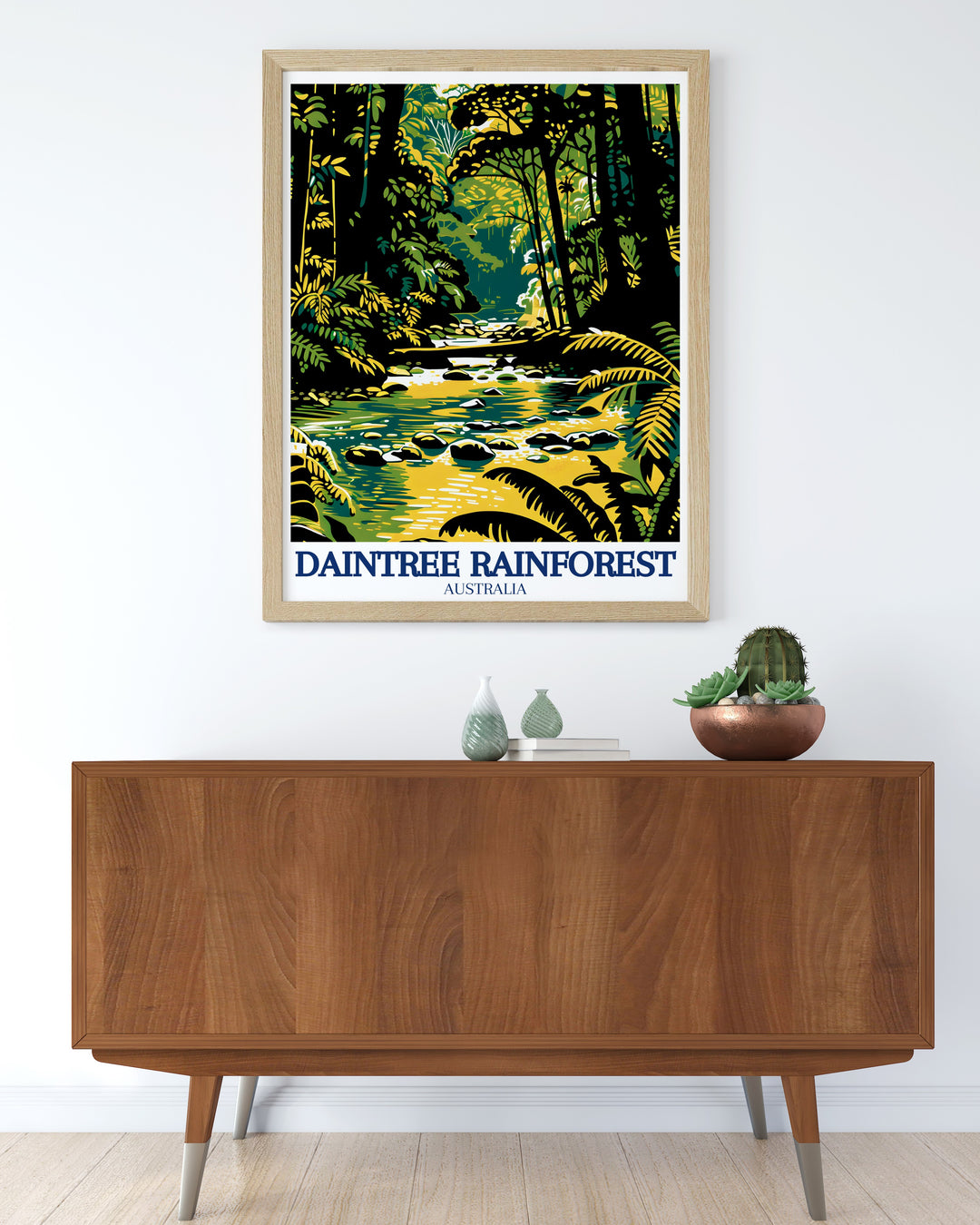 Daintree Travel Poster highlights the wonders of the Daintree Rainforest, showcasing the peaceful waters of Mossman Gorge and the lush greenery surrounding Emmagen Creek. This canvas art is perfect for those who seek inspiration from nature and love adventure.