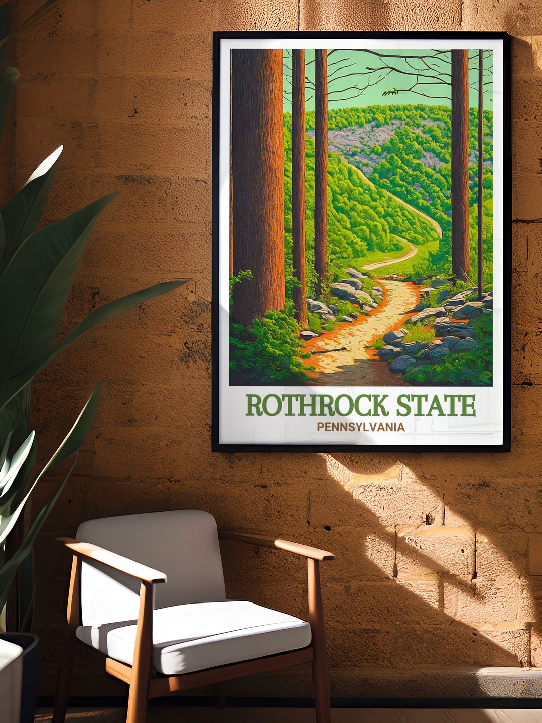 Rothrock State Forest and its renowned trails are beautifully depicted in this scenic travel poster. Perfect for hikers and nature lovers, this print adds a touch of the outdoors to any home or office.