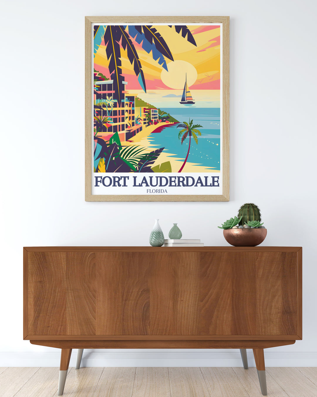 Lauderdale Travel Poster depicting the sun soaked beaches and vibrant culture of Fort Lauderdale, a must have for anyone who loves Floridas coastal lifestyle.