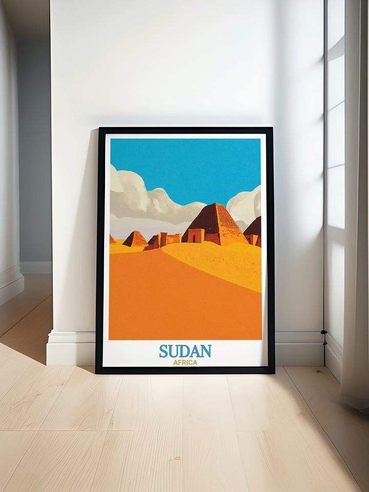 Beautiful Khartoum Poster showcasing the vibrant cityscape of Khartoum alongside the majestic Meroe Pyramids. Perfect for travel enthusiasts and art lovers. This digital download is ideal for personalized gifts and adding cultural flair to your home decor.